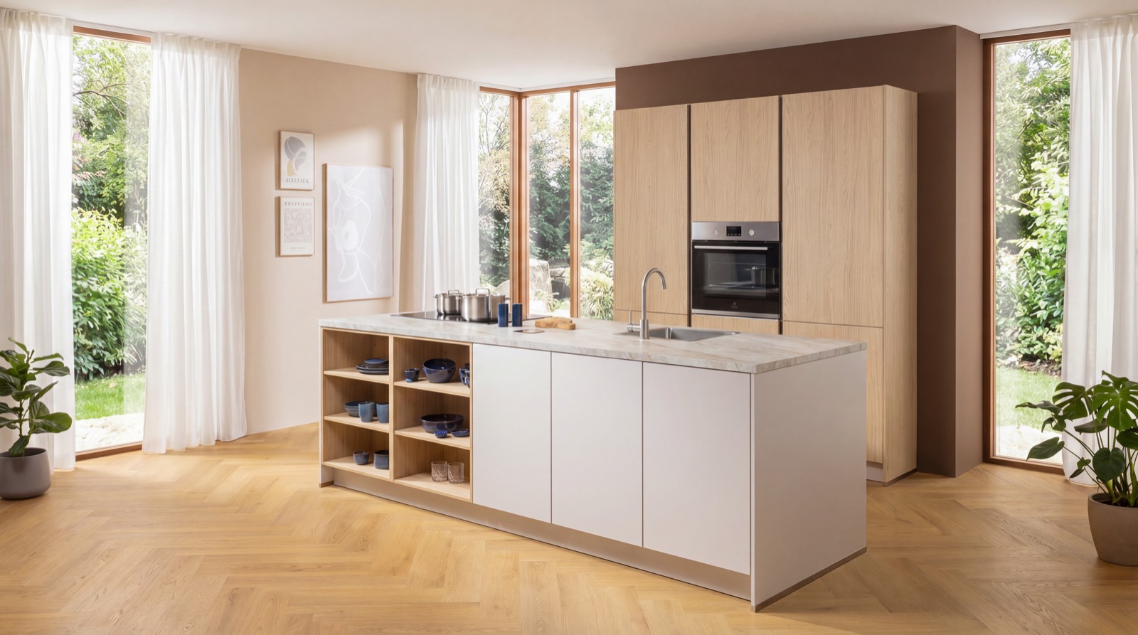 Lichte eilandkeuken met open vakken